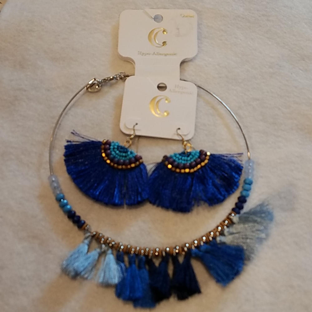 NWT.  Wire Hoop Tasseled Necklace & Earrings